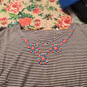 Black and white strip 3/4 length shirt with turquoise bling.